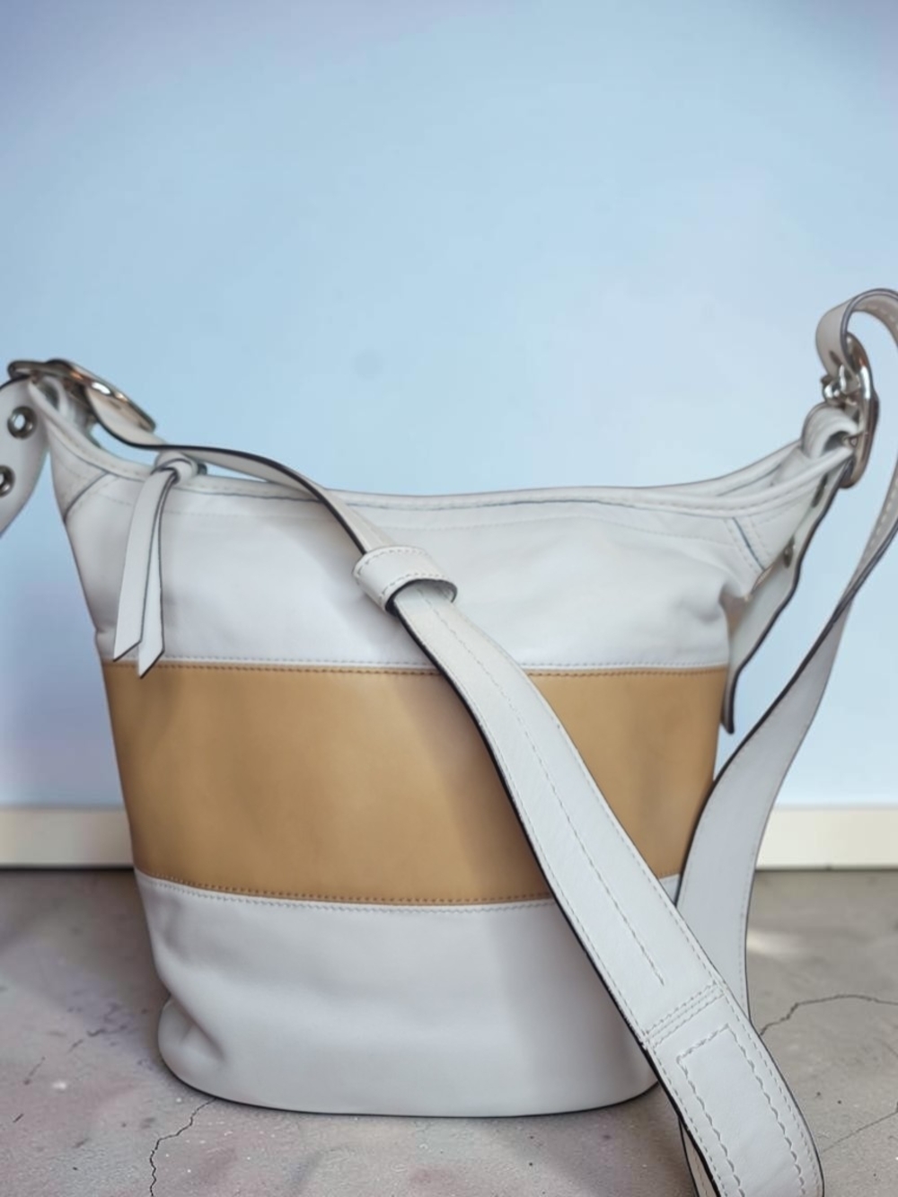 Coach Bleecker Rugby Stripe Leather Duffle Bucket Bag Good Condition